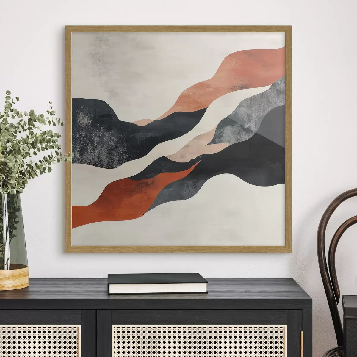 Plakat Abstraktne lainjas maastik kontrastsetes terrakota- ja tumesinistes toonides f48881