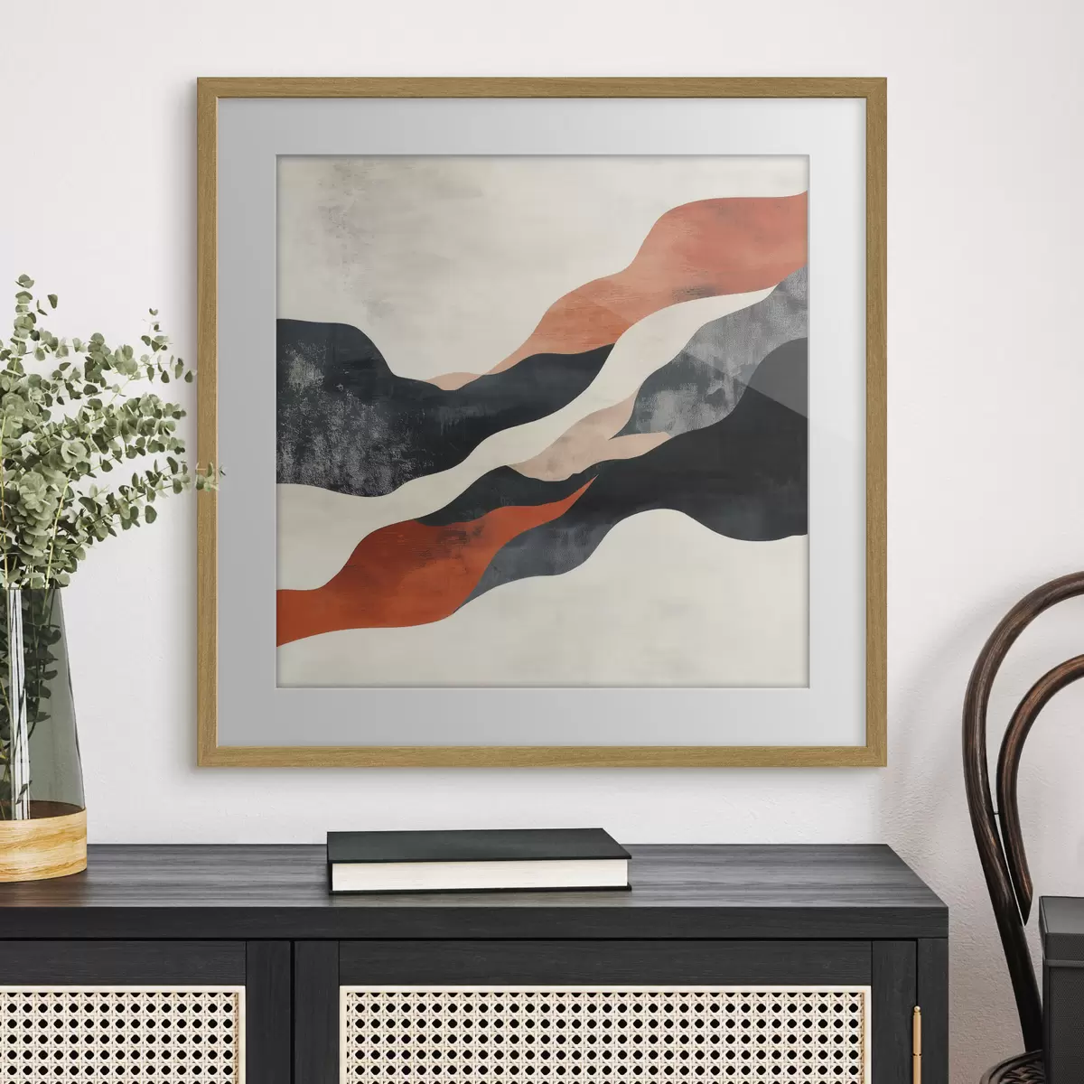 Plakat Abstraktne lainjas maastik kontrastsetes terrakota- ja tumesinistes toonides f48881