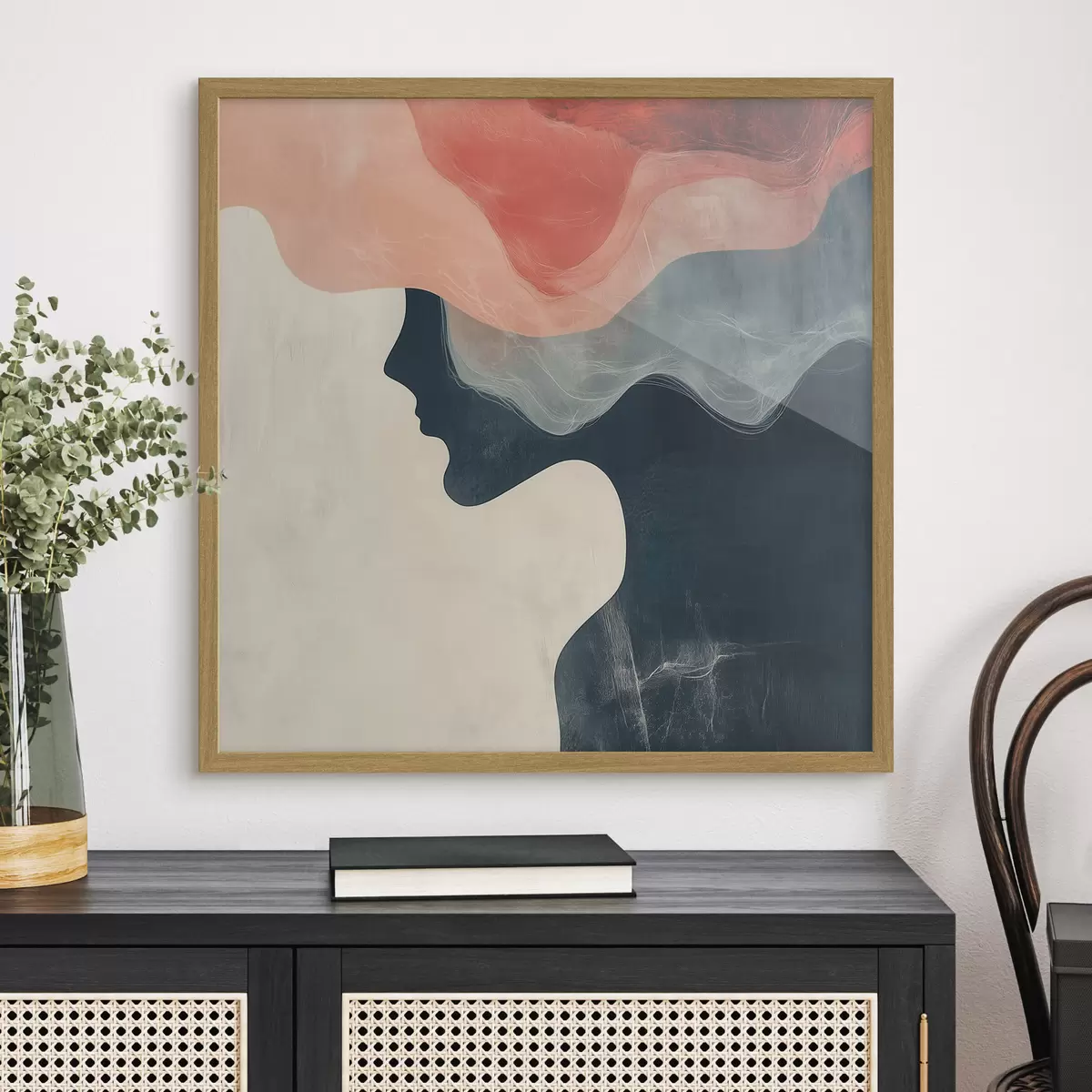 Plakat Minimalistlikus stiilis abstraktne naise siluett korallide ja siniste lainetega f48882