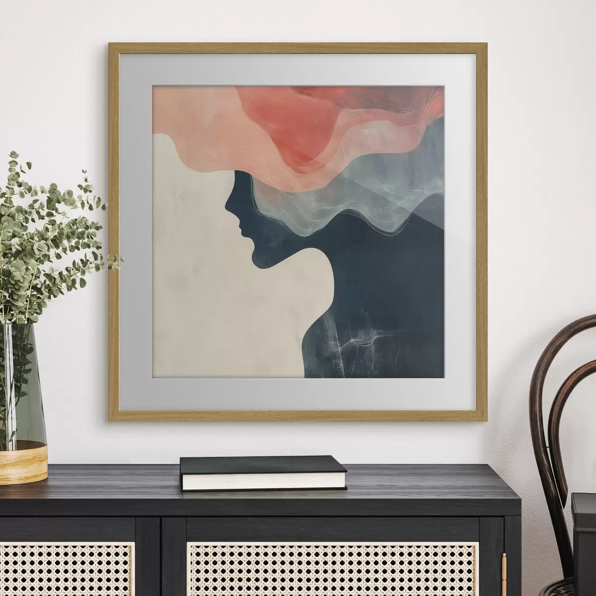 Plakat Minimalistlikus stiilis abstraktne naise siluett korallide ja siniste lainetega f48882