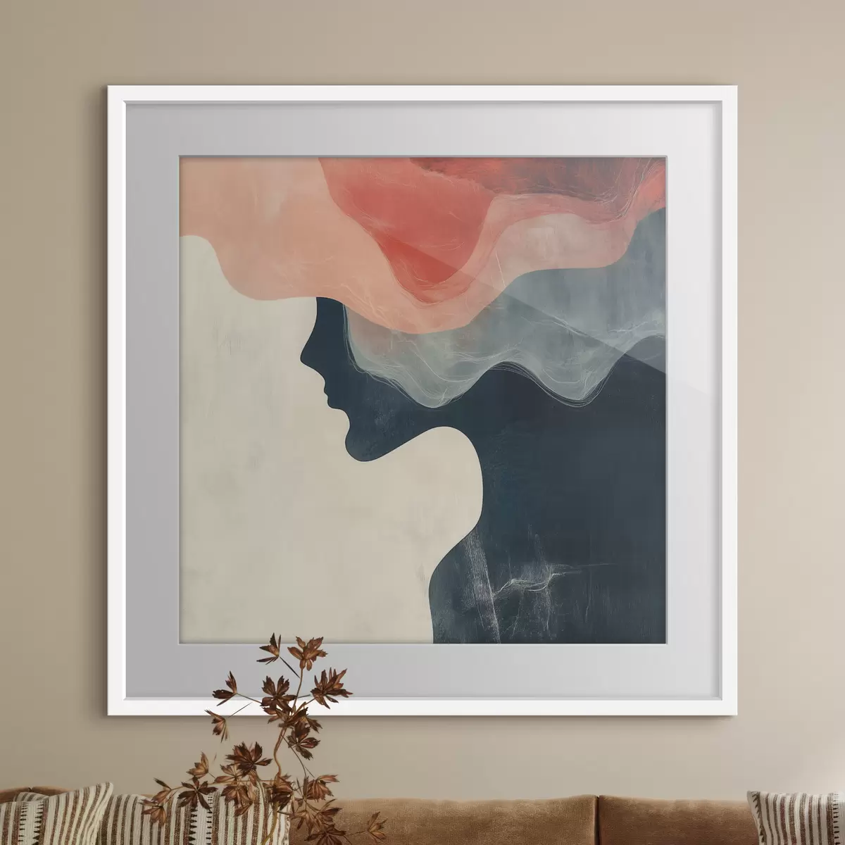 Plakat Minimalistlikus stiilis abstraktne naise siluett korallide ja siniste lainetega f48882