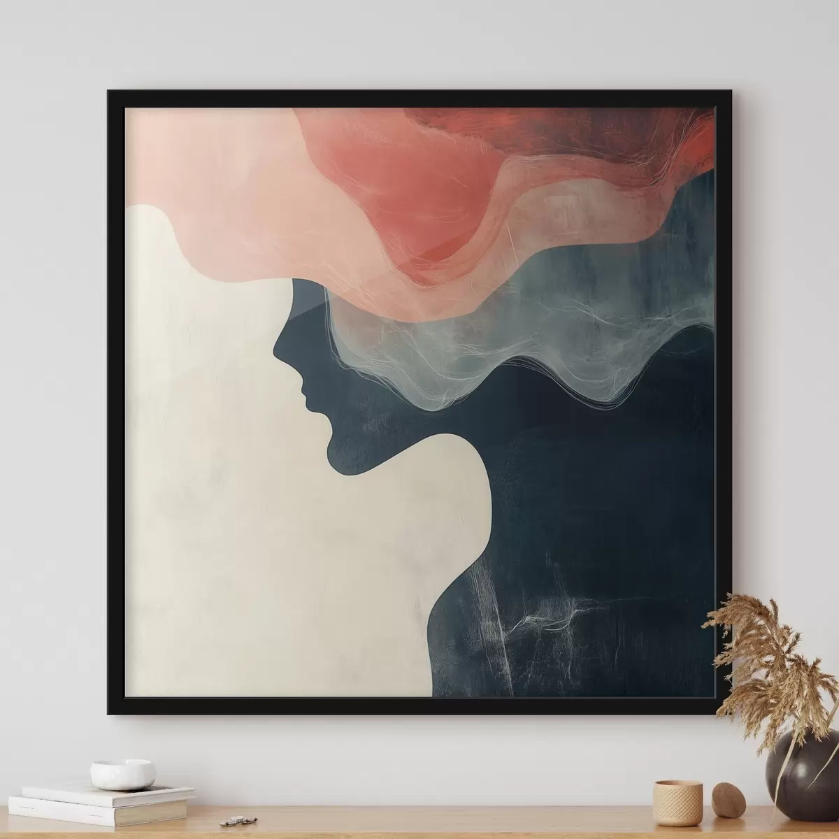 Plakat Minimalistlikus stiilis abstraktne naise siluett korallide ja siniste lainetega f48882