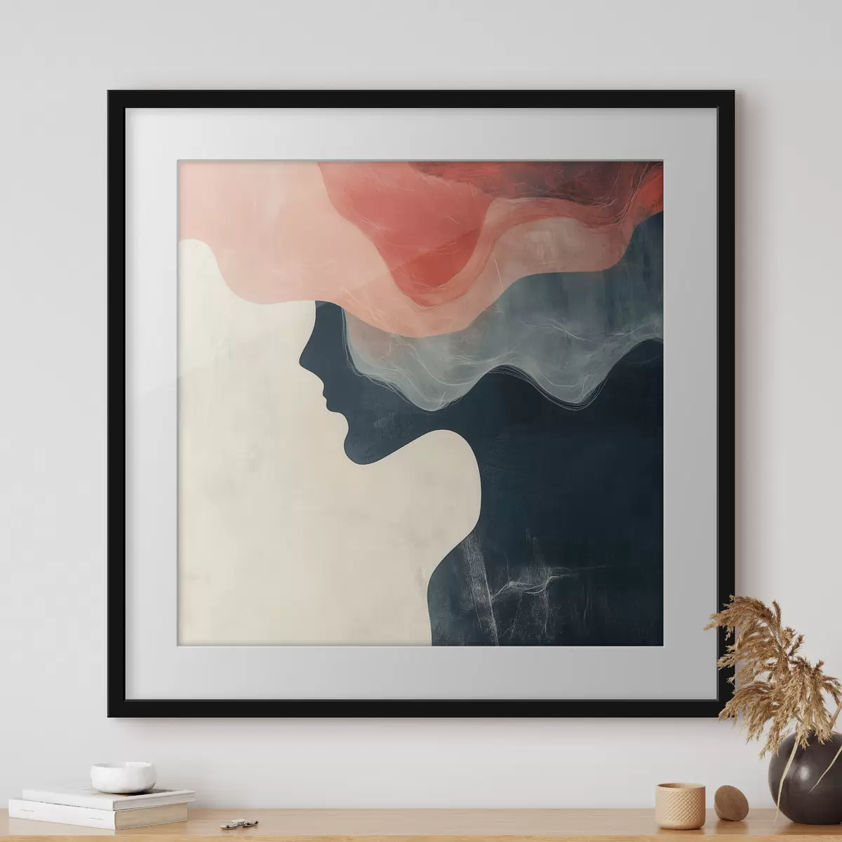 Plakat Minimalistlikus stiilis abstraktne naise siluett korallide ja siniste lainetega f48882