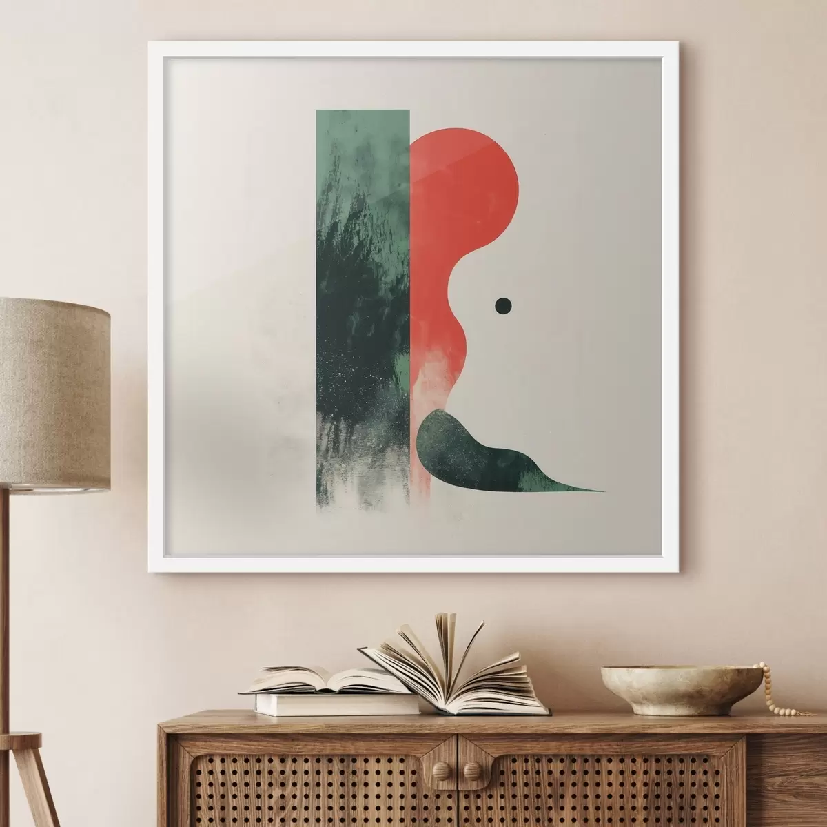 Plakat Kaasaegne geomeetriline kompositsioon punaste ja roheliste abstraktsete kujunditega f48888
