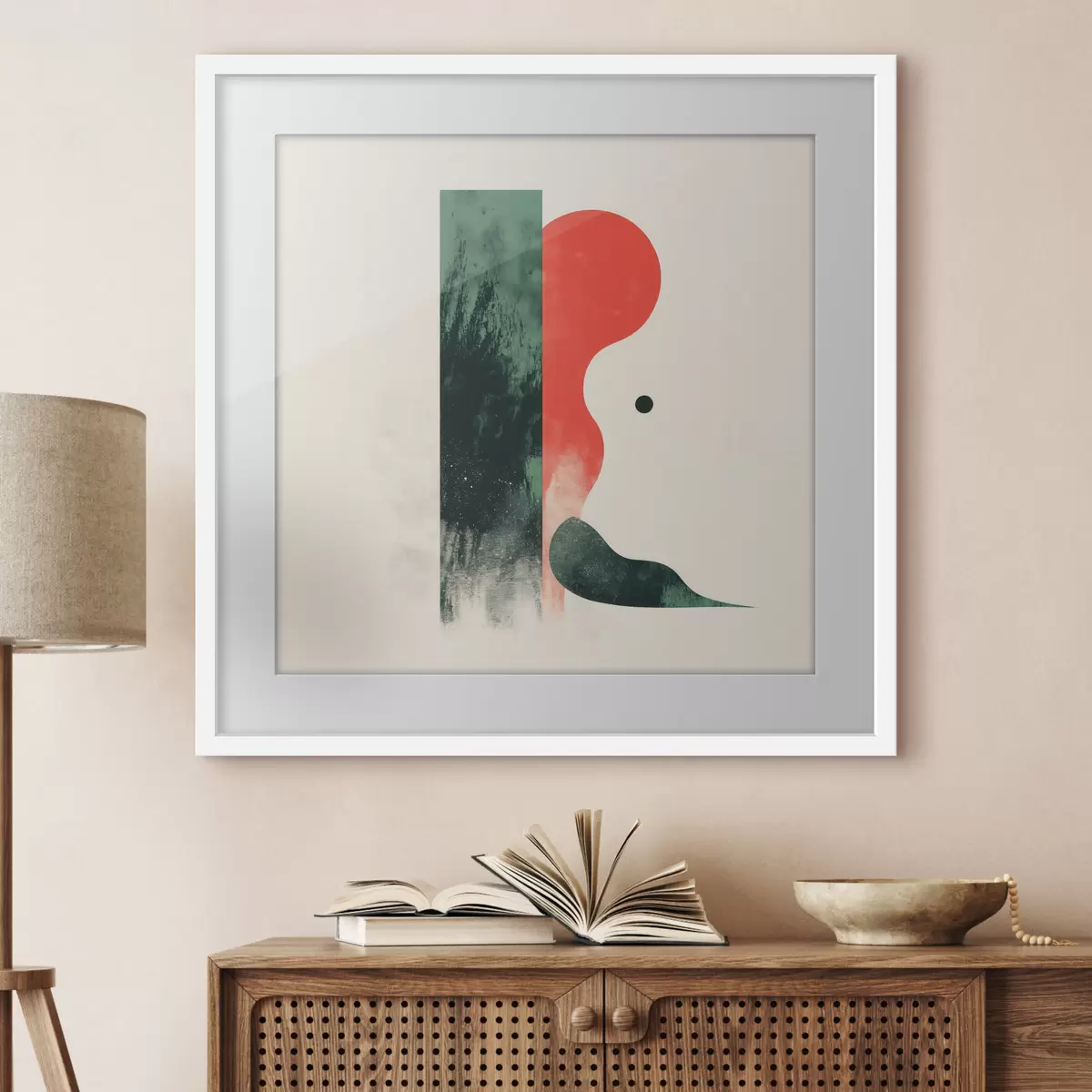 Plakat Kaasaegne geomeetriline kompositsioon punaste ja roheliste abstraktsete kujunditega f48888