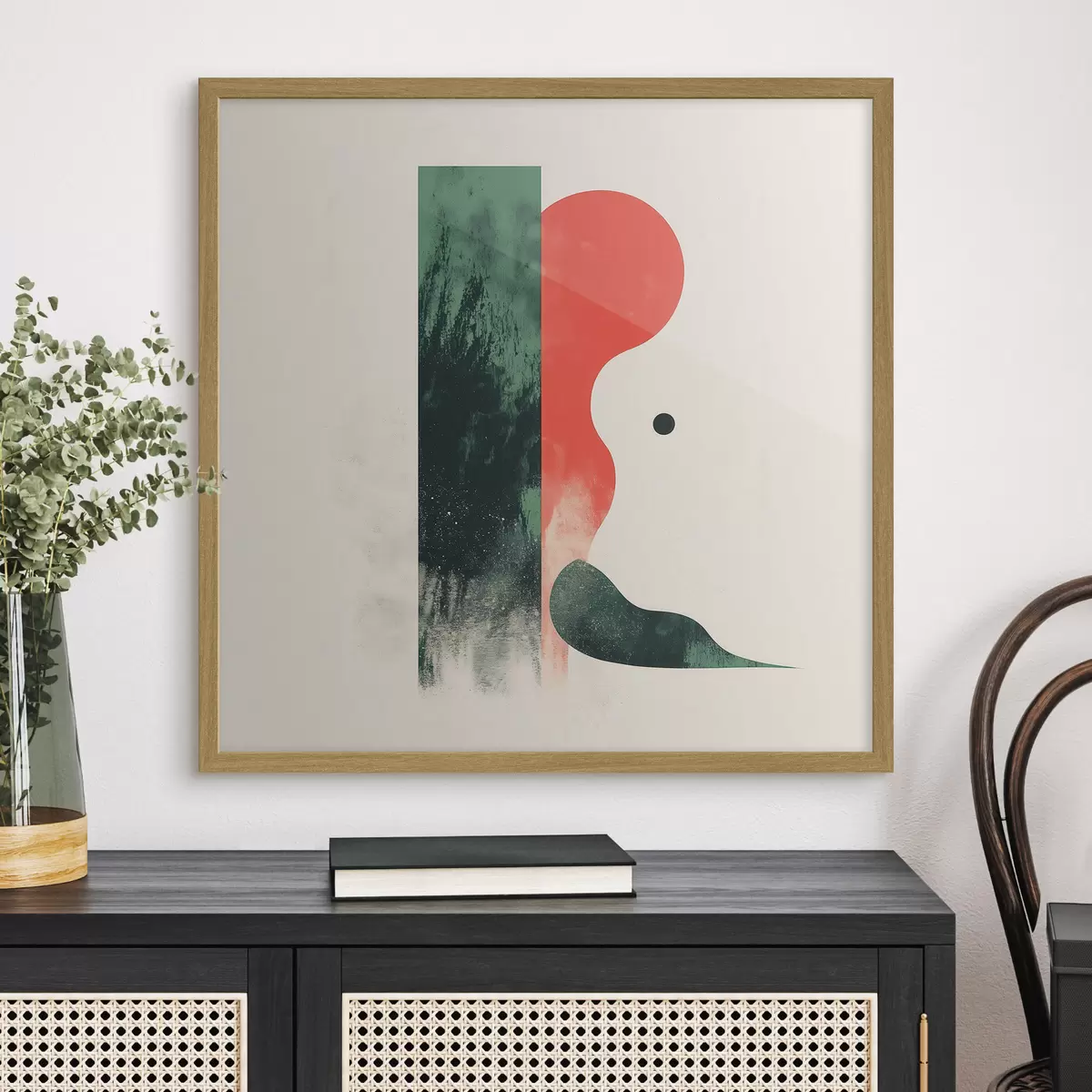 Plakat Kaasaegne geomeetriline kompositsioon punaste ja roheliste abstraktsete kujunditega f48888