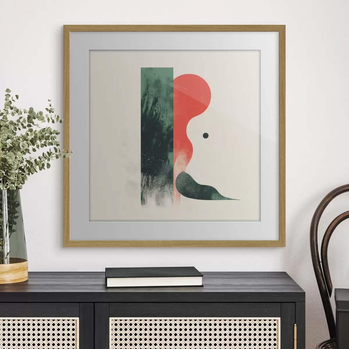 Plakat Kaasaegne geomeetriline kompositsioon punaste ja roheliste abstraktsete kujunditega f48888