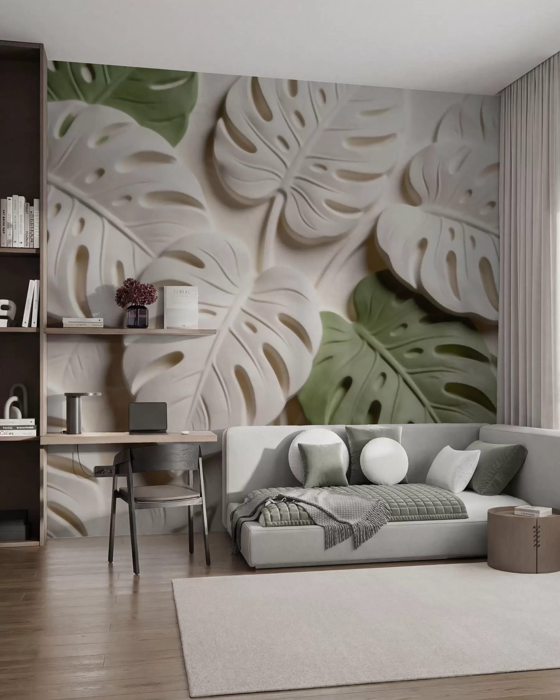 Fototapeedid Reljeefsed botaanilised monstera lehed kreemikates ja rohelistes toonides w09883
