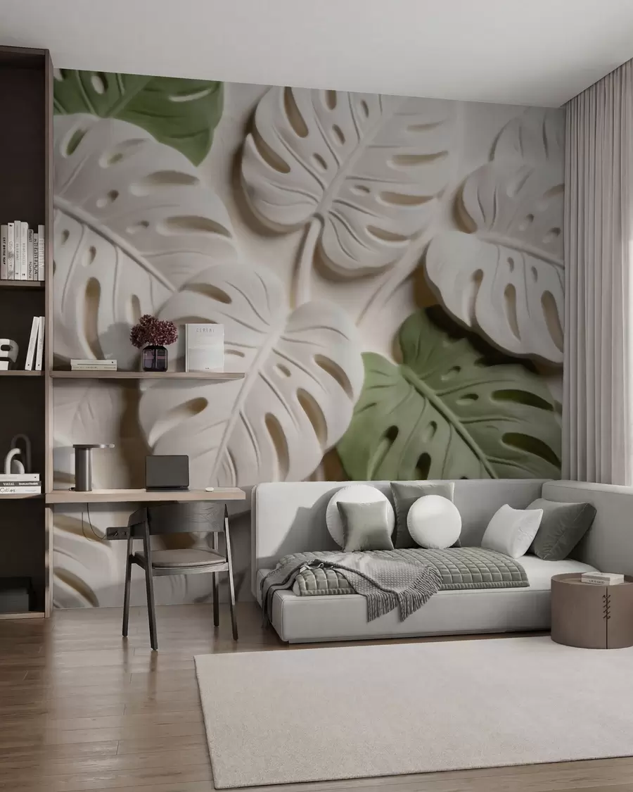 Fototapeedid Reljeefsed botaanilised monstera lehed kreemikates ja rohelistes toonides w09883