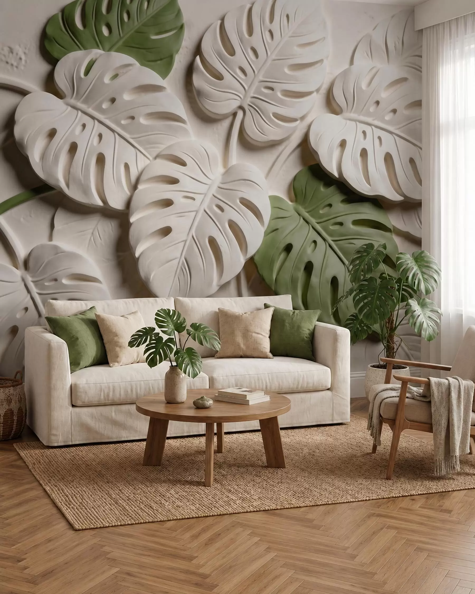 Fototapeedid Reljeefsed botaanilised monstera lehed kreemikates ja rohelistes toonides w09883