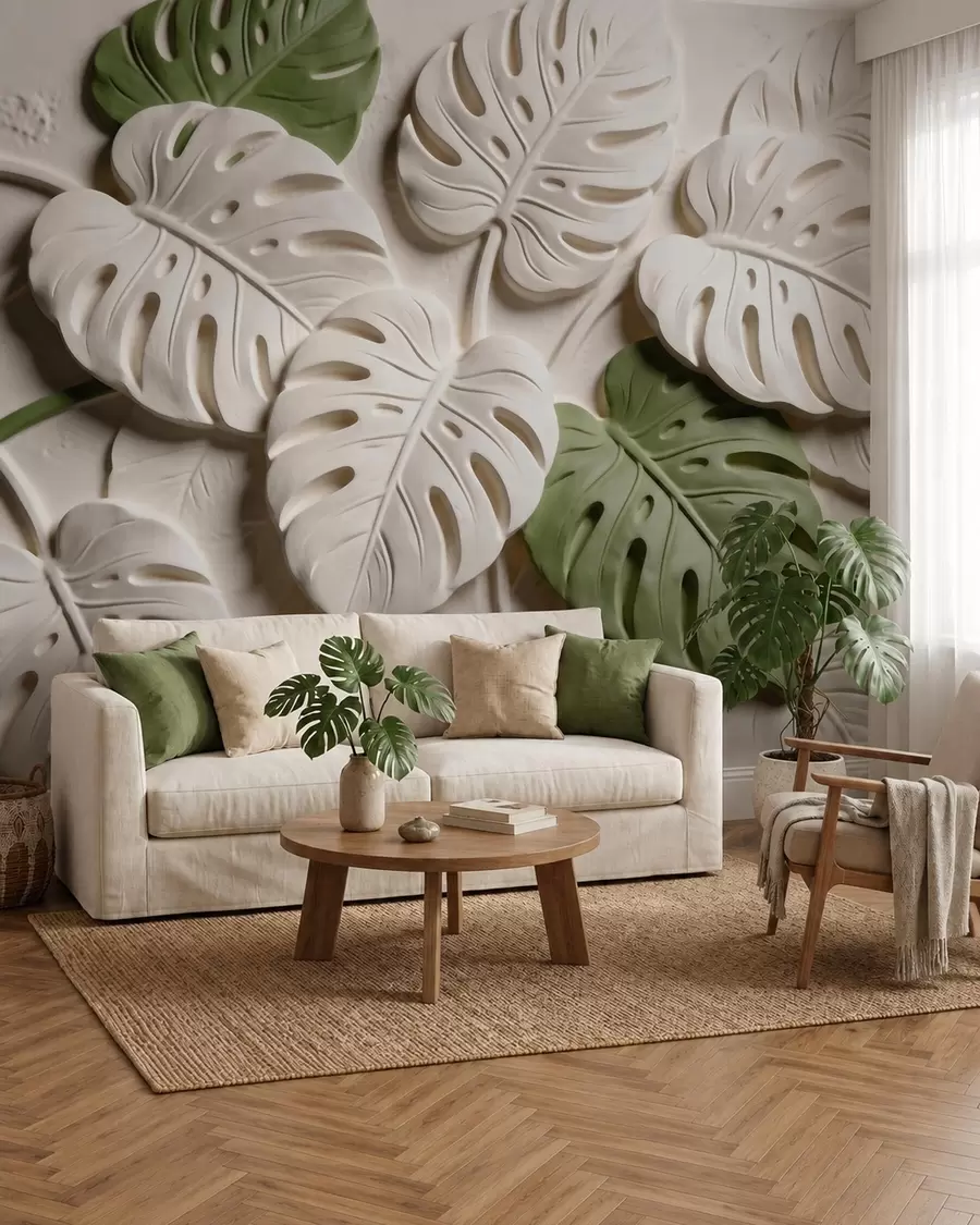 Fototapeedid Reljeefsed botaanilised monstera lehed kreemikates ja rohelistes toonides w09883