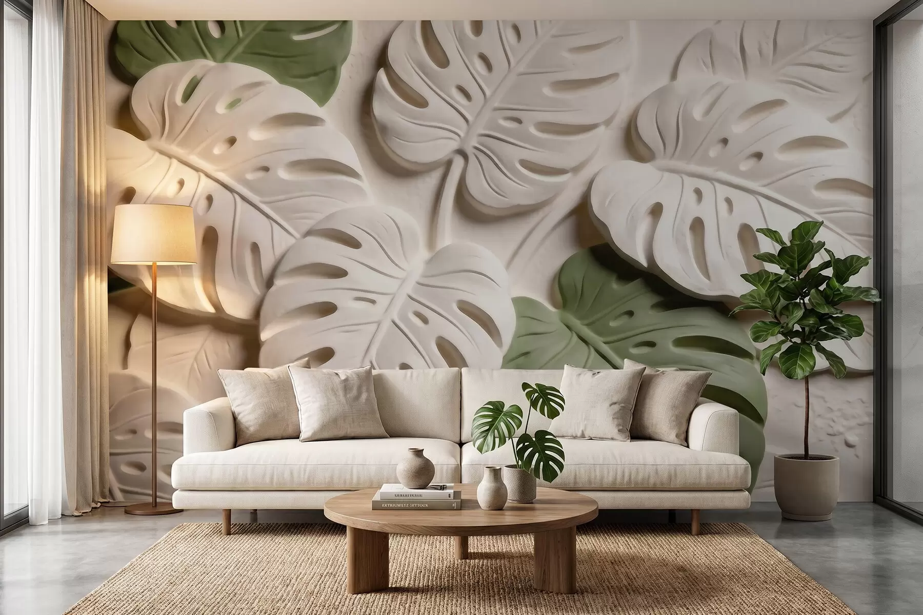 Fototapeedid Reljeefsed botaanilised monstera lehed kreemikates ja rohelistes toonides w09883