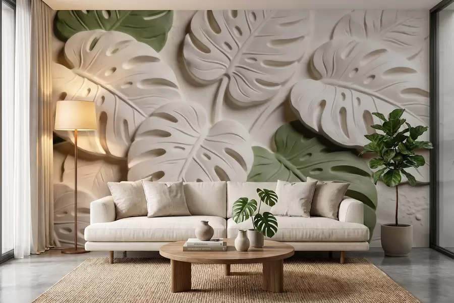 Fototapeedid Reljeefsed botaanilised monstera lehed kreemikates ja rohelistes toonides w09883