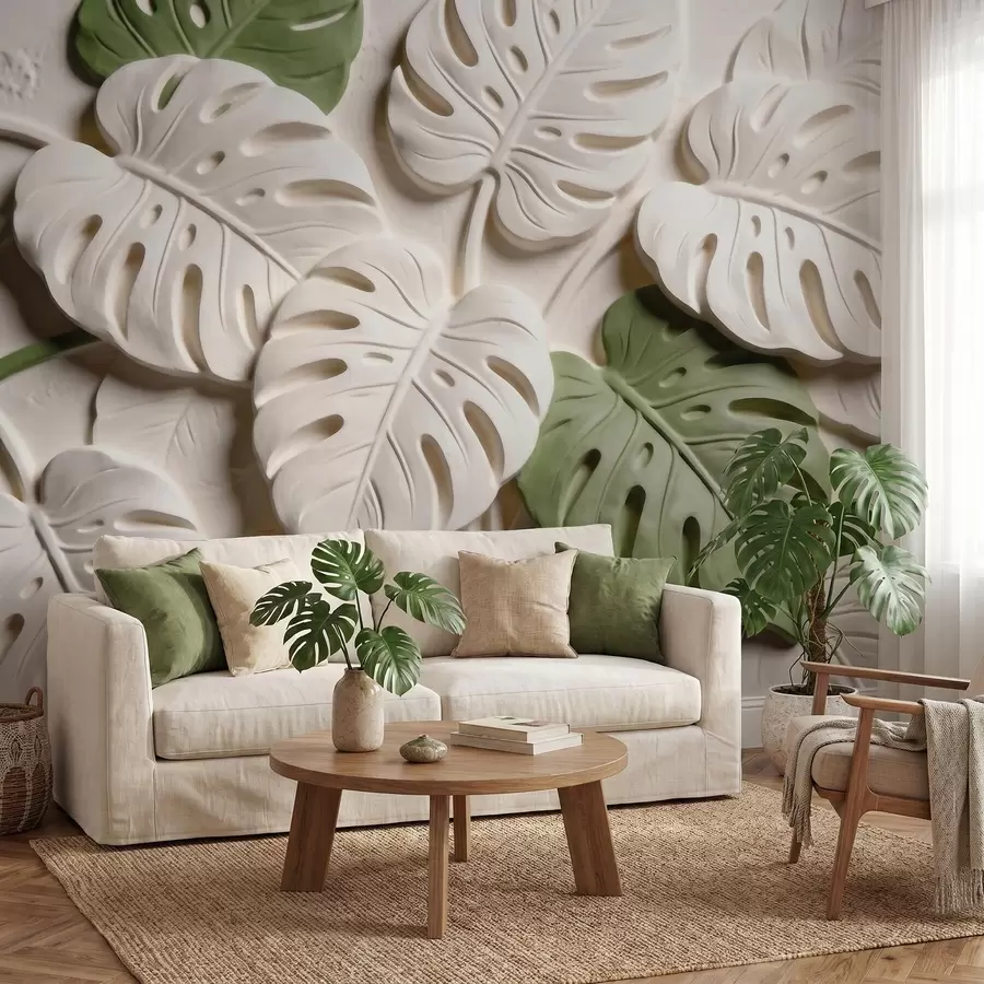 Fototapeedid Reljeefsed botaanilised monstera lehed kreemikates ja rohelistes toonides w09883