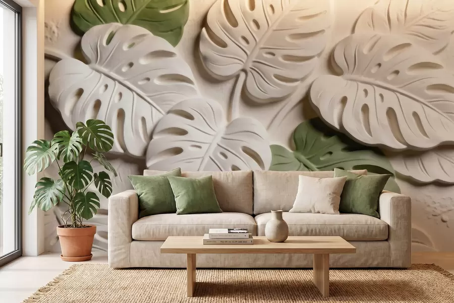 Fototapeedid Reljeefsed botaanilised monstera lehed kreemikates ja rohelistes toonides w09883