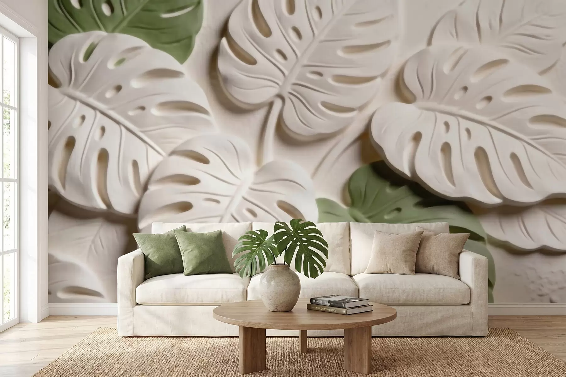 Fototapeedid Reljeefsed botaanilised monstera lehed kreemikates ja rohelistes toonides w09883