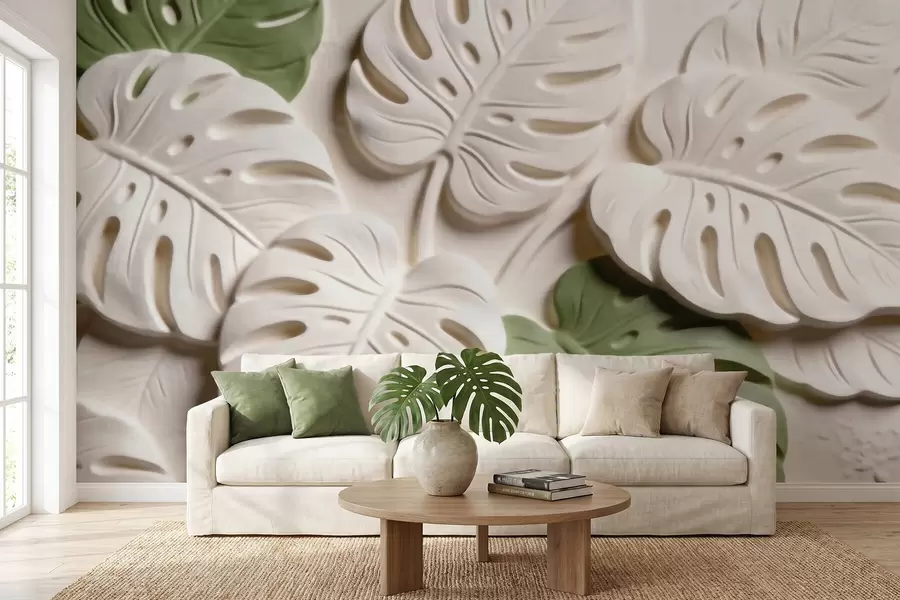 Fototapeedid Reljeefsed botaanilised monstera lehed kreemikates ja rohelistes toonides w09883