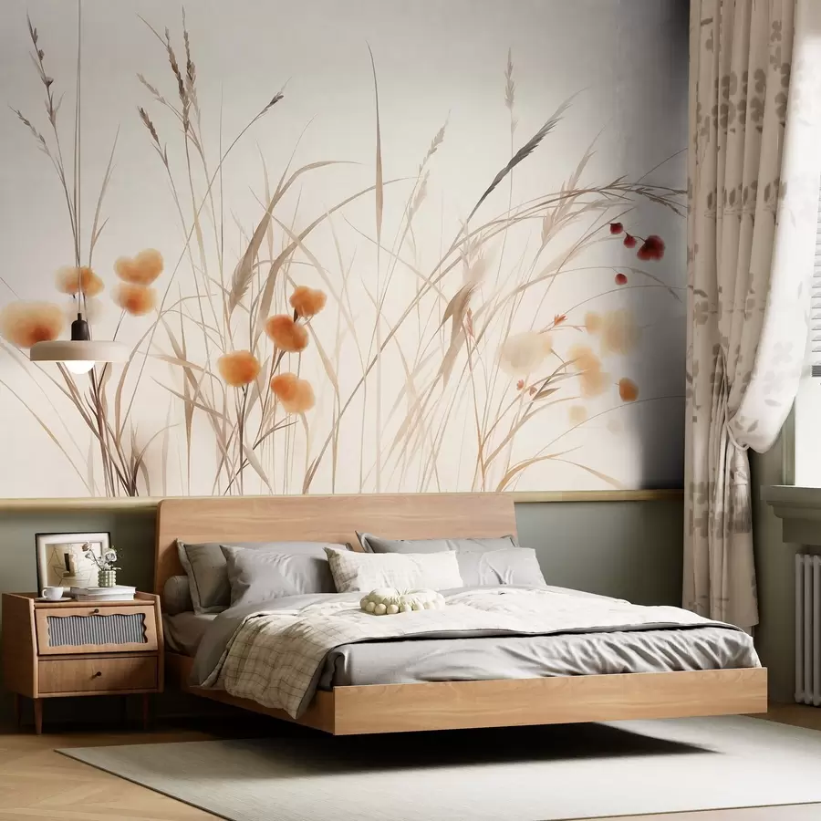 Fototapeedid Kõrged rohttaimed ja väikesed oranžid looduslilled heledal taustal, tekstuurne boho-stiil w09902