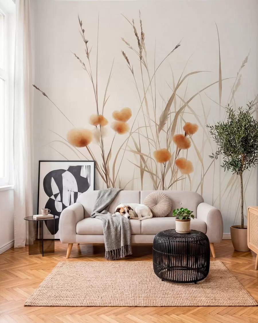 Fototapeedid Kõrged rohttaimed ja väikesed oranžid looduslilled heledal taustal, tekstuurne boho-stiil w09902