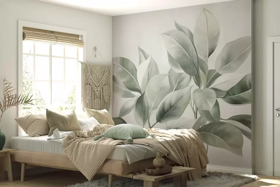 Fototapeedid Hele rohelised lehed heleda, pehme taustaga, tekstuurne boho-stiil w09909