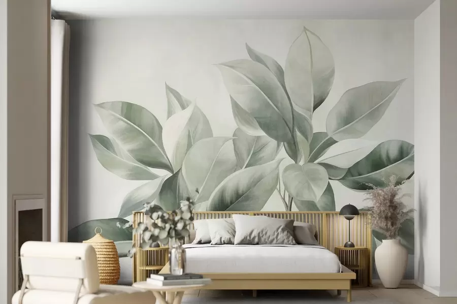 Fototapeedid Hele rohelised lehed heleda, pehme taustaga, tekstuurne boho-stiil w09909