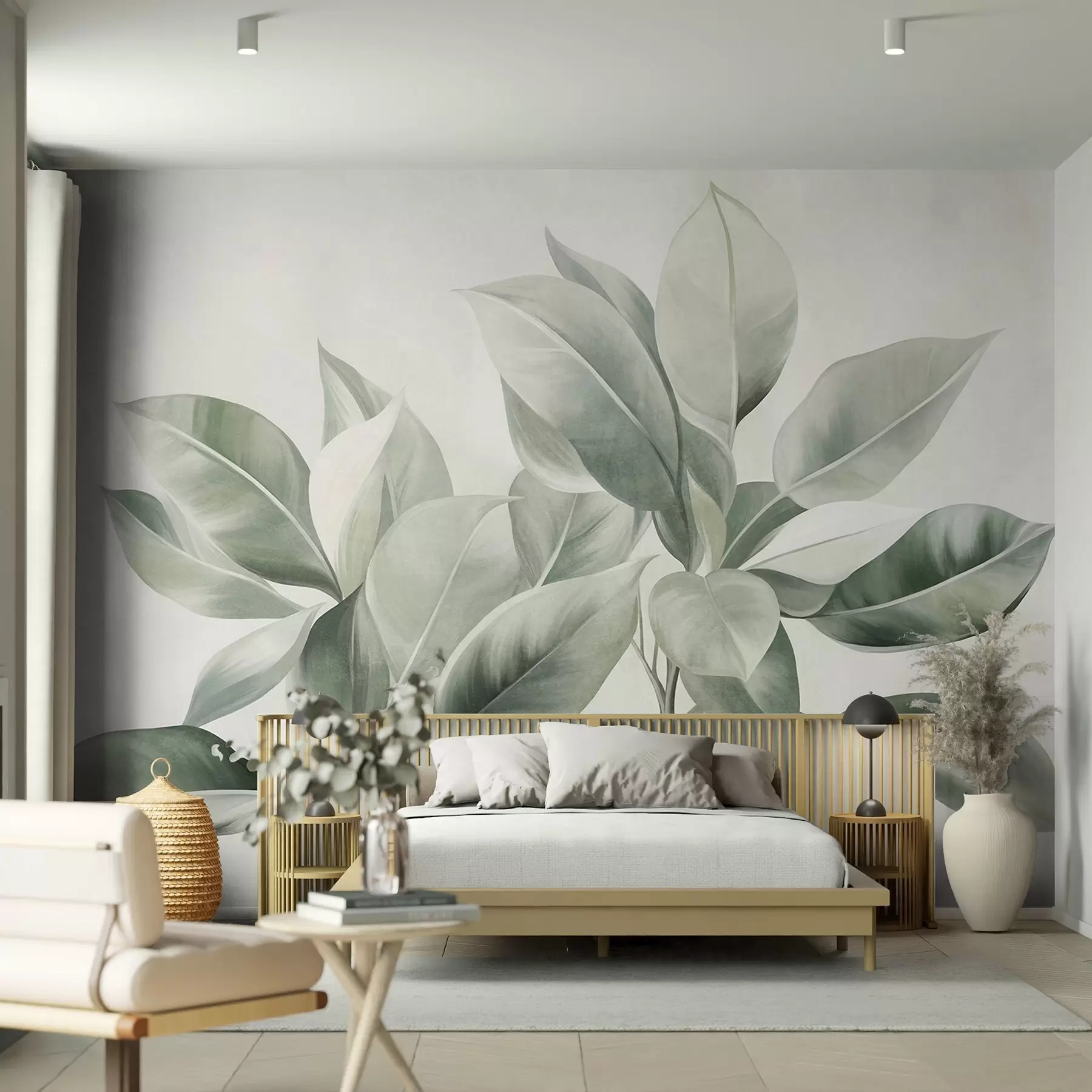 Fototapeedid Hele rohelised lehed heleda, pehme taustaga, tekstuurne boho-stiil w09909