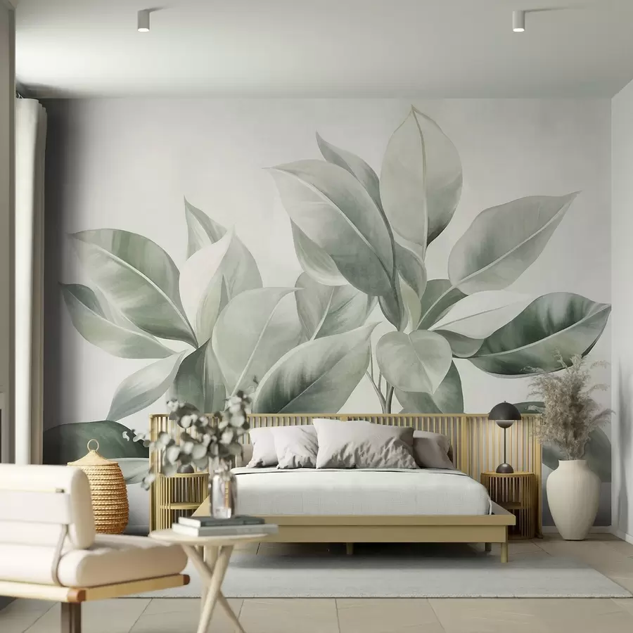 Fototapeedid Hele rohelised lehed heleda, pehme taustaga, tekstuurne boho-stiil w09909