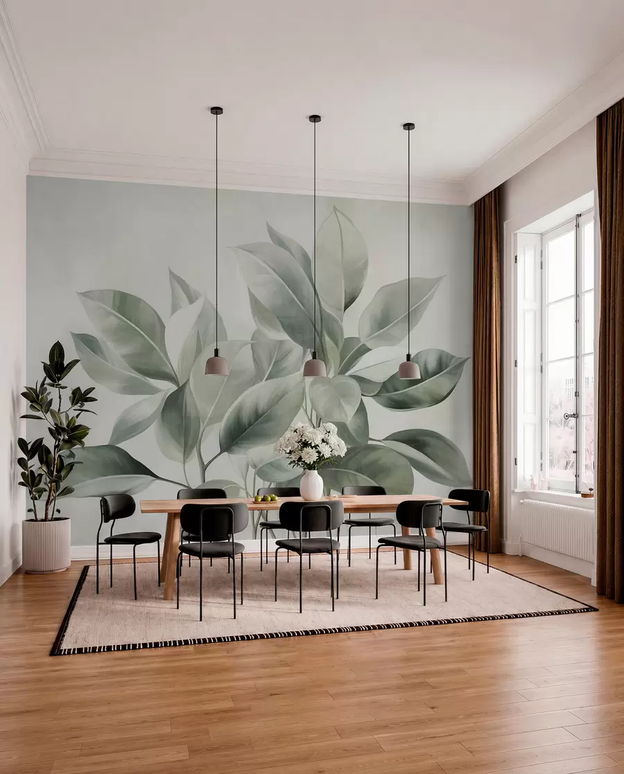 Fototapeedid Hele rohelised lehed heleda, pehme taustaga, tekstuurne boho-stiil w09909
