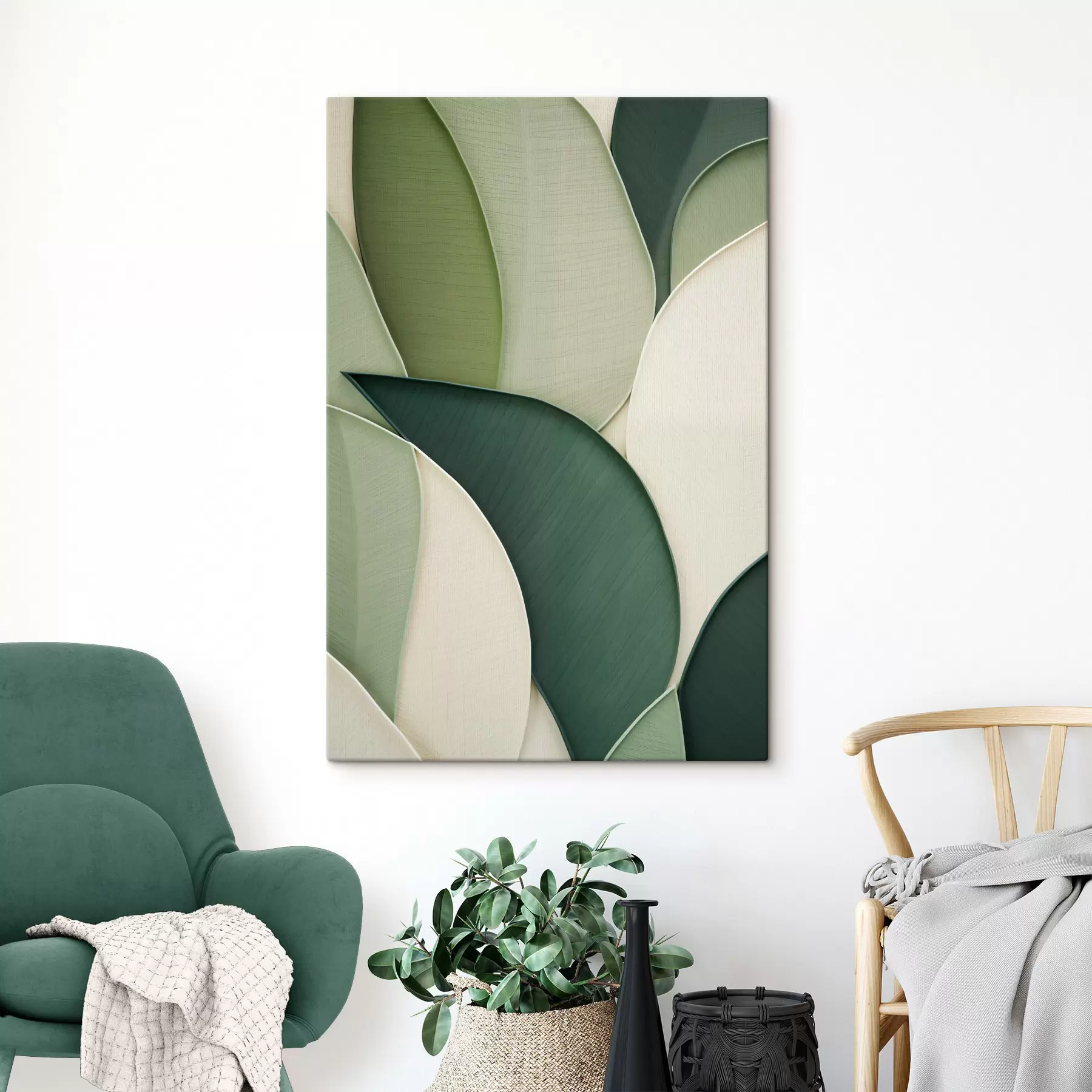 Pilt Abstraktne kunst, millel on üksteisega kattuvad rohelised ja kreemikad orgaanilised kujundid s49777
