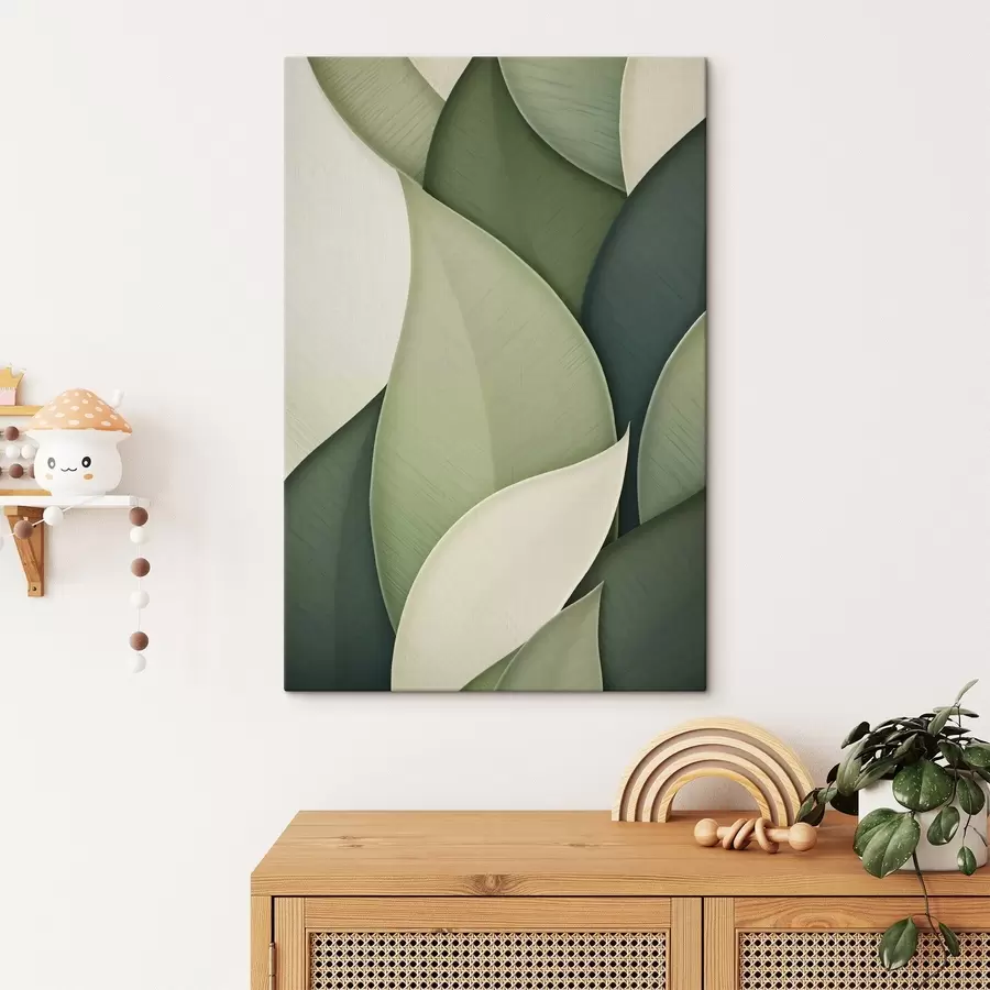 Pilt Abstraktne kunst, millel on üksteisega kattuvad rohelised ja kreemikad orgaanilised kujundid s49778
