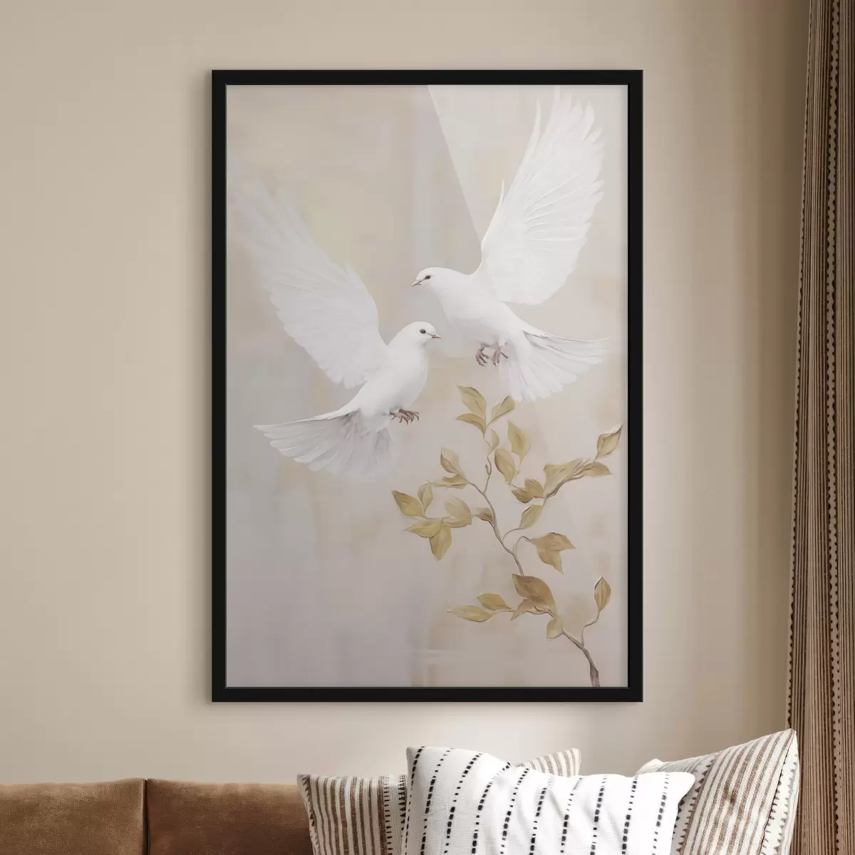 Plakat Valge lind heleroheliste lehtedega oksa lähedal, tagaplaan on vaoshoitud f49764