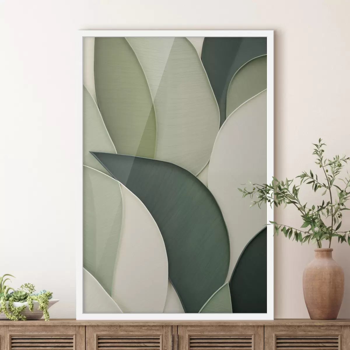 Plakat Abstraktne kunst, millel on üksteisega kattuvad rohelised ja kreemikad orgaanilised kujundid f49777