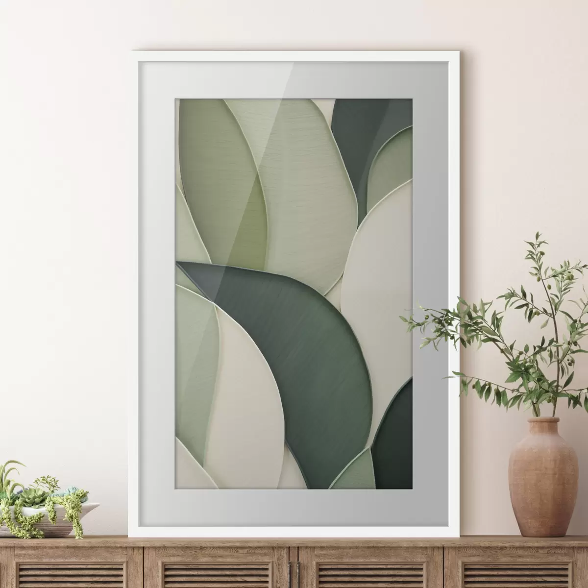 Plakat Abstraktne kunst, millel on üksteisega kattuvad rohelised ja kreemikad orgaanilised kujundid f49777