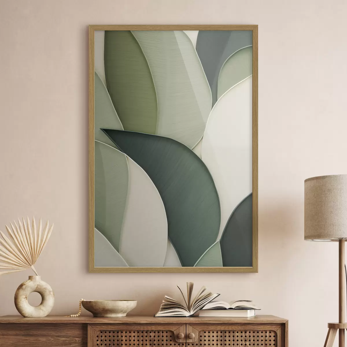 Plakat Abstraktne kunst, millel on üksteisega kattuvad rohelised ja kreemikad orgaanilised kujundid f49777