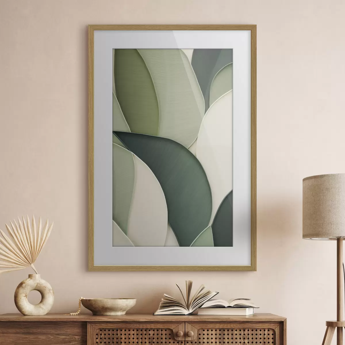 Plakat Abstraktne kunst, millel on üksteisega kattuvad rohelised ja kreemikad orgaanilised kujundid f49777