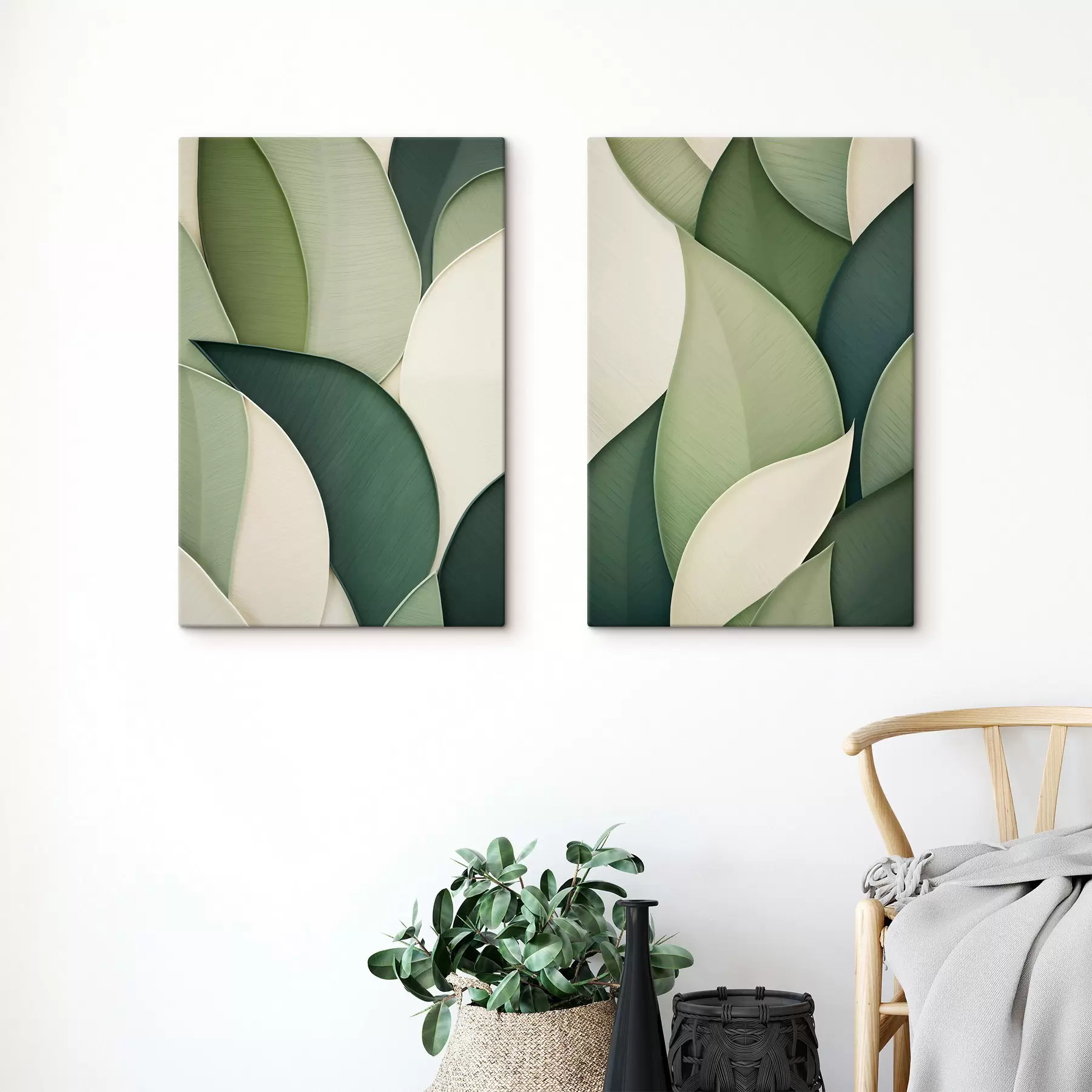 Pilt Abstraktne kunst, millel on üksteisega kattuvad rohelised ja kreemikad orgaanilised kujundid m30684