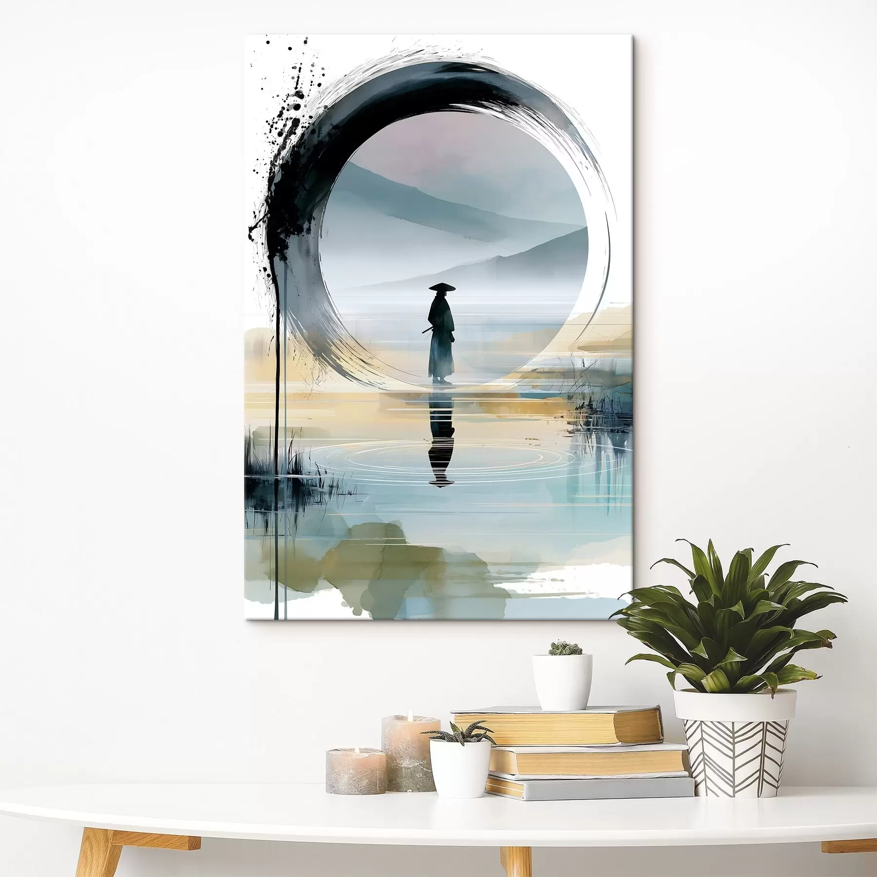 Pilt Kaasaegne zen-illustratsioon, millel on kujutatud samurai, enso-ring, akvarellmaastik ja peeglikujutis s49880