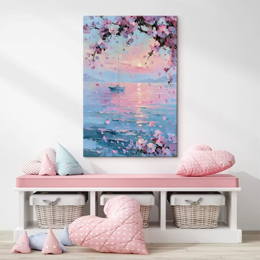 Pilt Õlimaalistiilis kujutatud elegantne valge jaht merel päikeseloojangul roosa sakura-puud õitsvate okste all s49883
