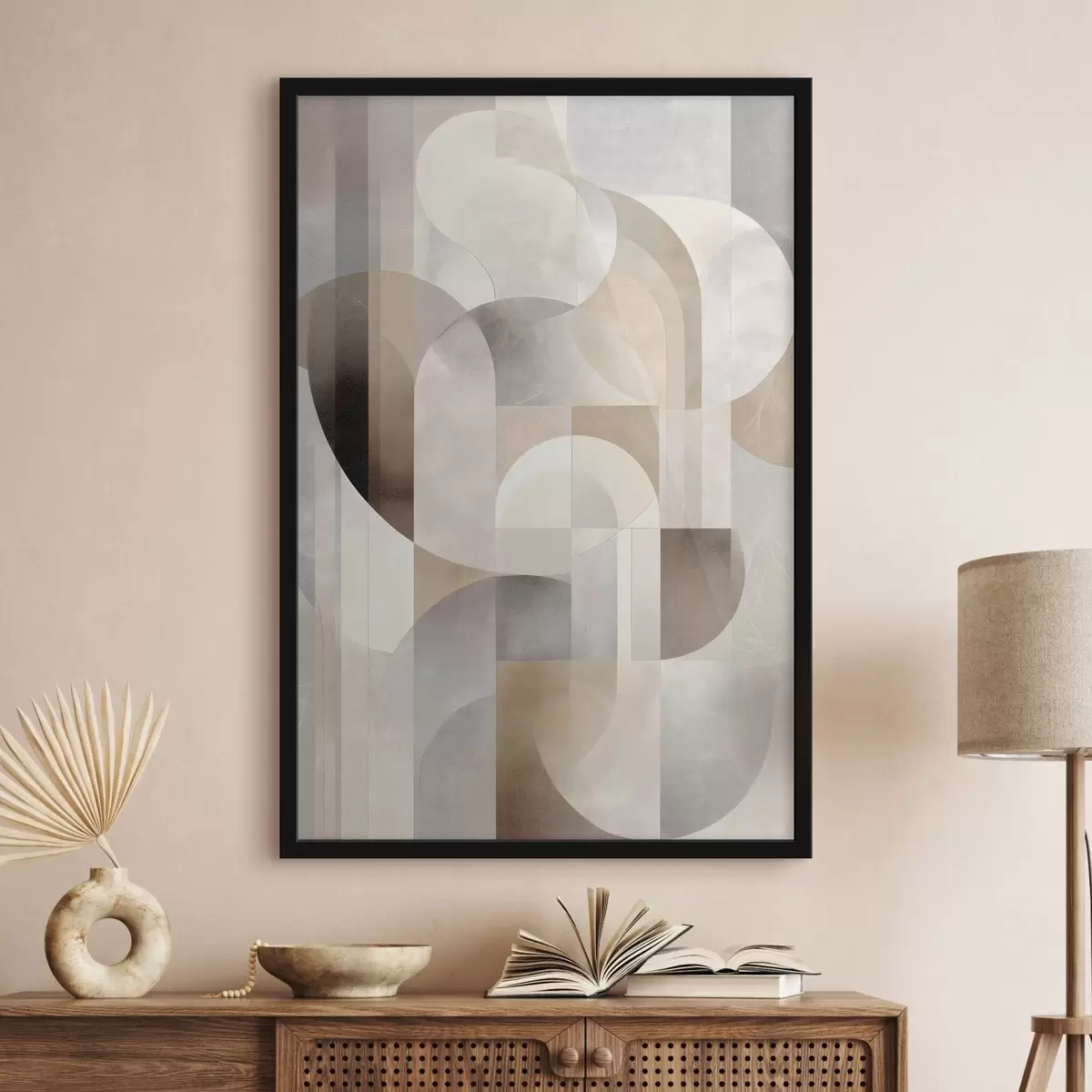 Plakat Minimalistlik, geomeetriline ja abstraktne kompositsioon, milles domineerivad pehmed beeži, kreemika, hallikaspruuni ja hallikasbeeži toonid f49876