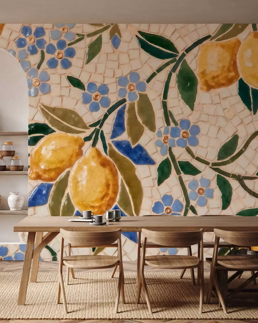 Fototapeedid Ere dekoratiivne kompositsioon keraamilise mosaiigi stiilis, millel on kujutatud mahlakaid sidruneid, lilli, lehti ja oksi w09948