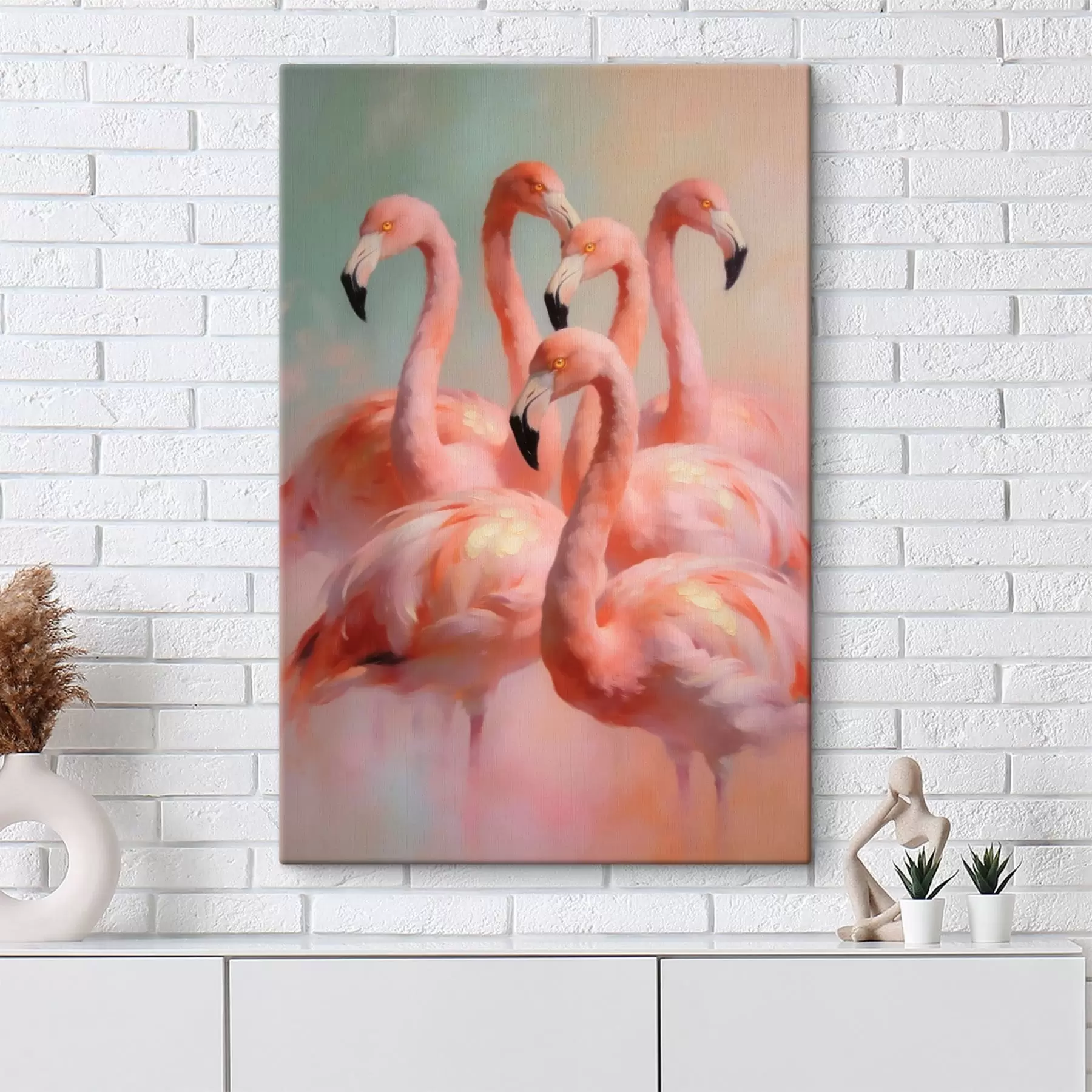 Pilt Õlimaalistiilis roosad flamingod pehmetes pastelltoonides s49726