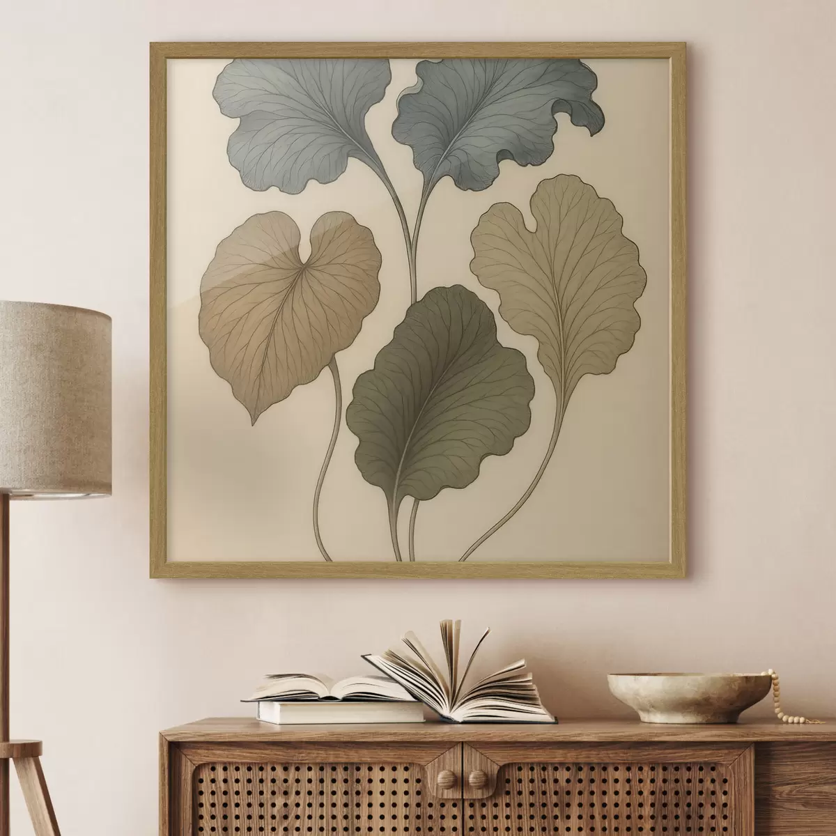 Plakat Beezil taustal asuvad mahedates toonides dekoratiivsed lehed f49721