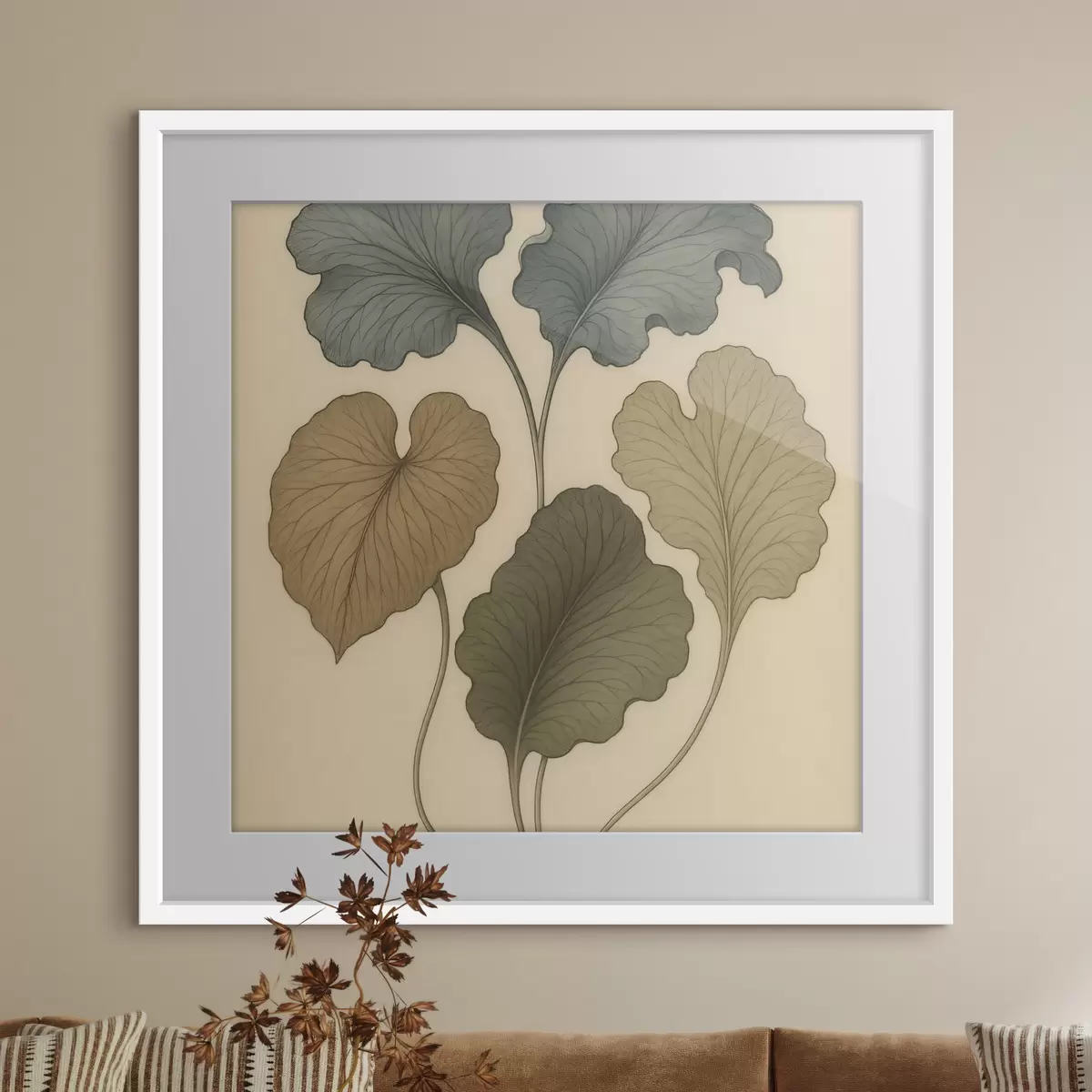 Plakat Beezil taustal asuvad mahedates toonides dekoratiivsed lehed f49721