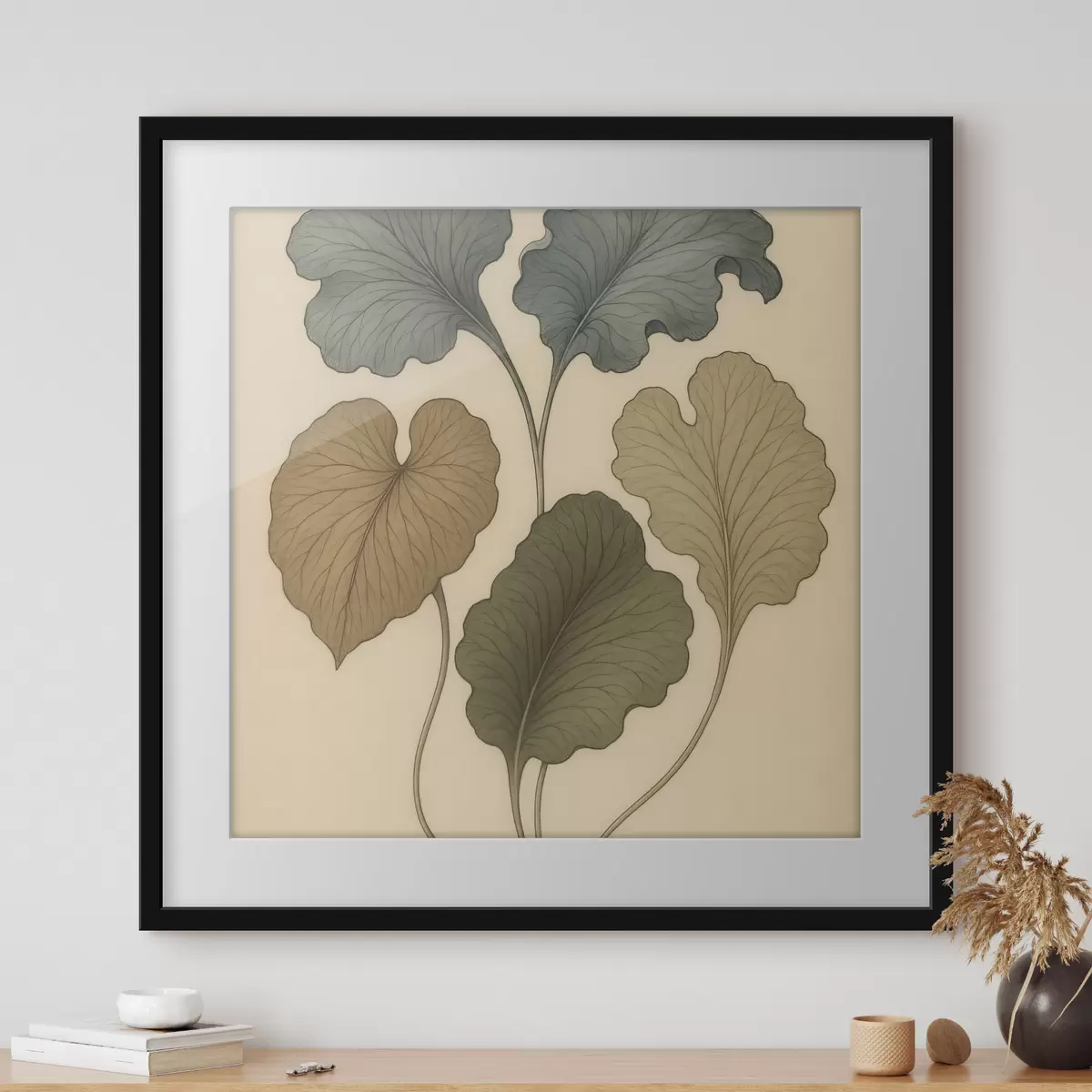 Plakat Beezil taustal asuvad mahedates toonides dekoratiivsed lehed f49721
