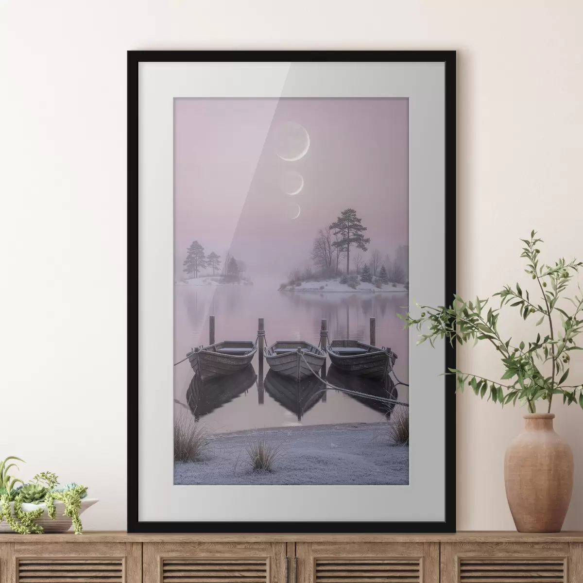 Plakat Pastellmaalistiilis maastik järve, paatide ja kuufaasidega f49724