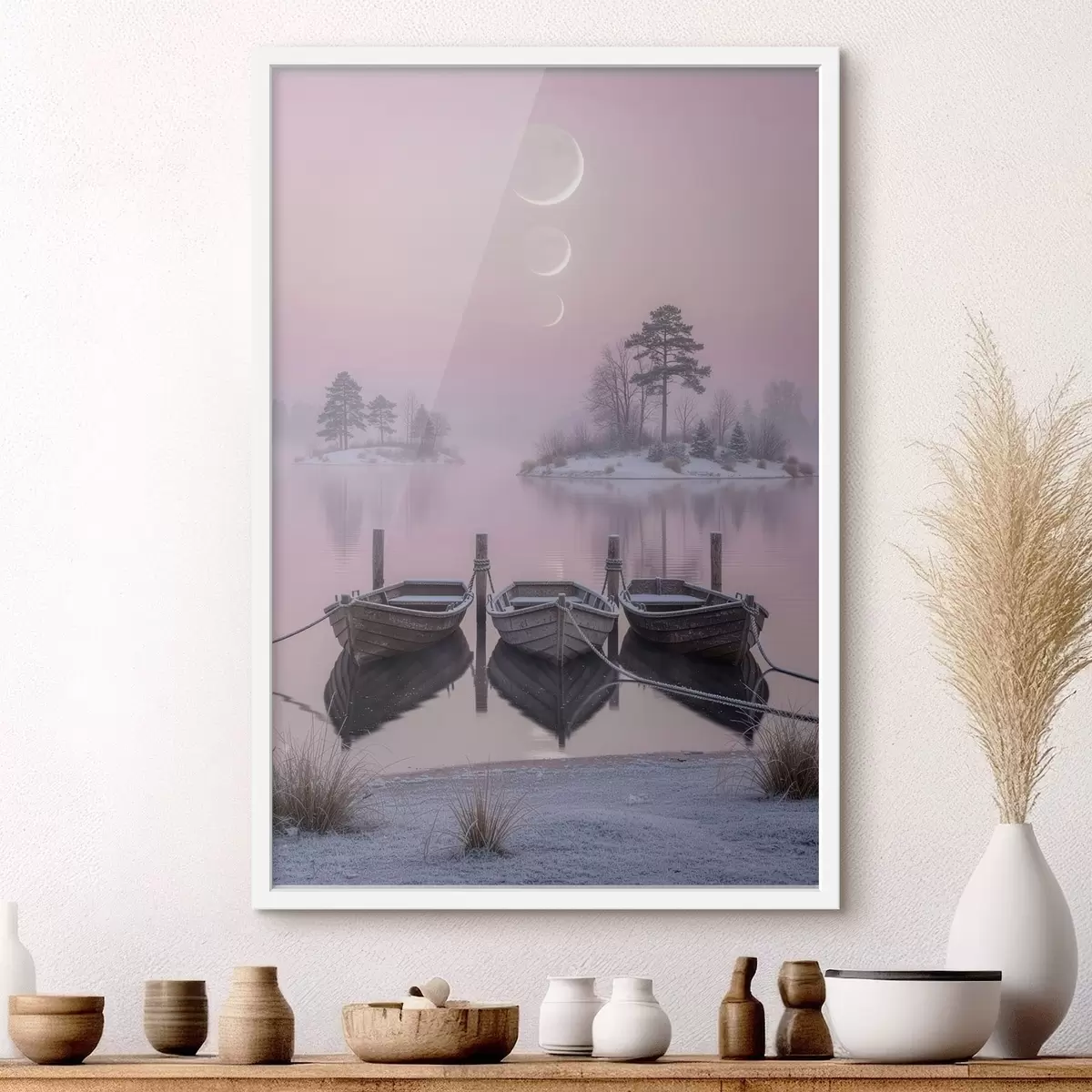 Plakat Pastellmaalistiilis maastik järve, paatide ja kuufaasidega f49724