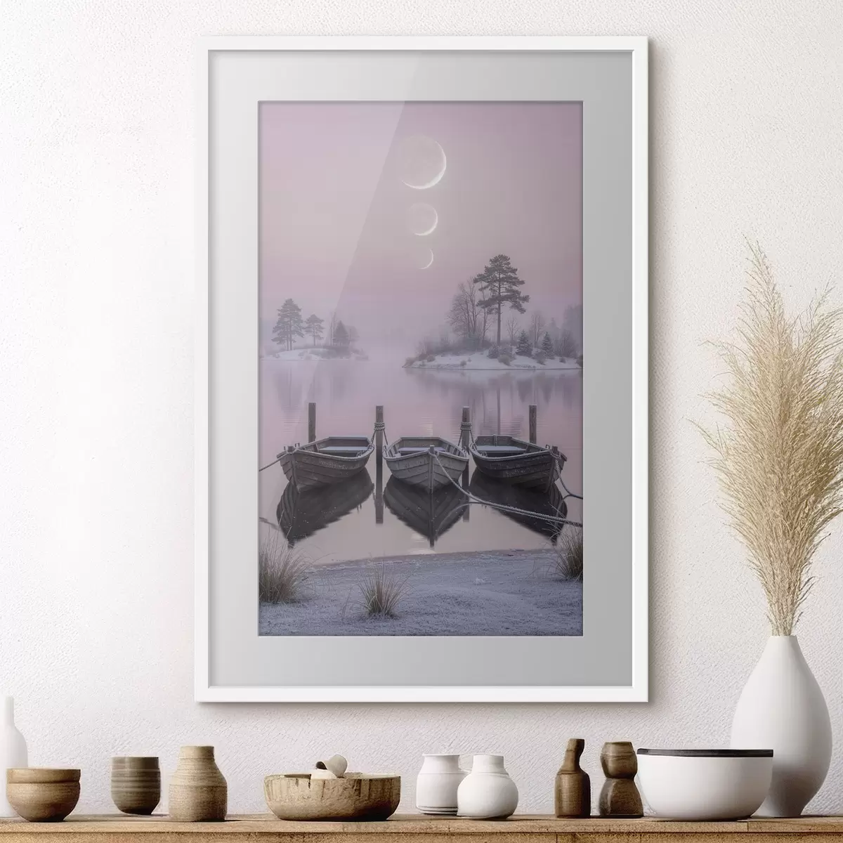 Plakat Pastellmaalistiilis maastik järve, paatide ja kuufaasidega f49724