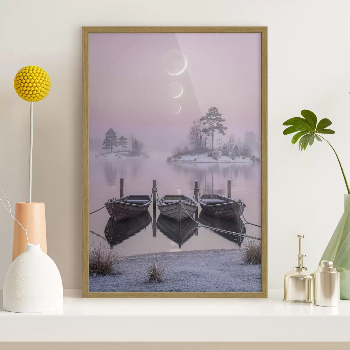 Plakat Pastellmaalistiilis maastik järve, paatide ja kuufaasidega f49724