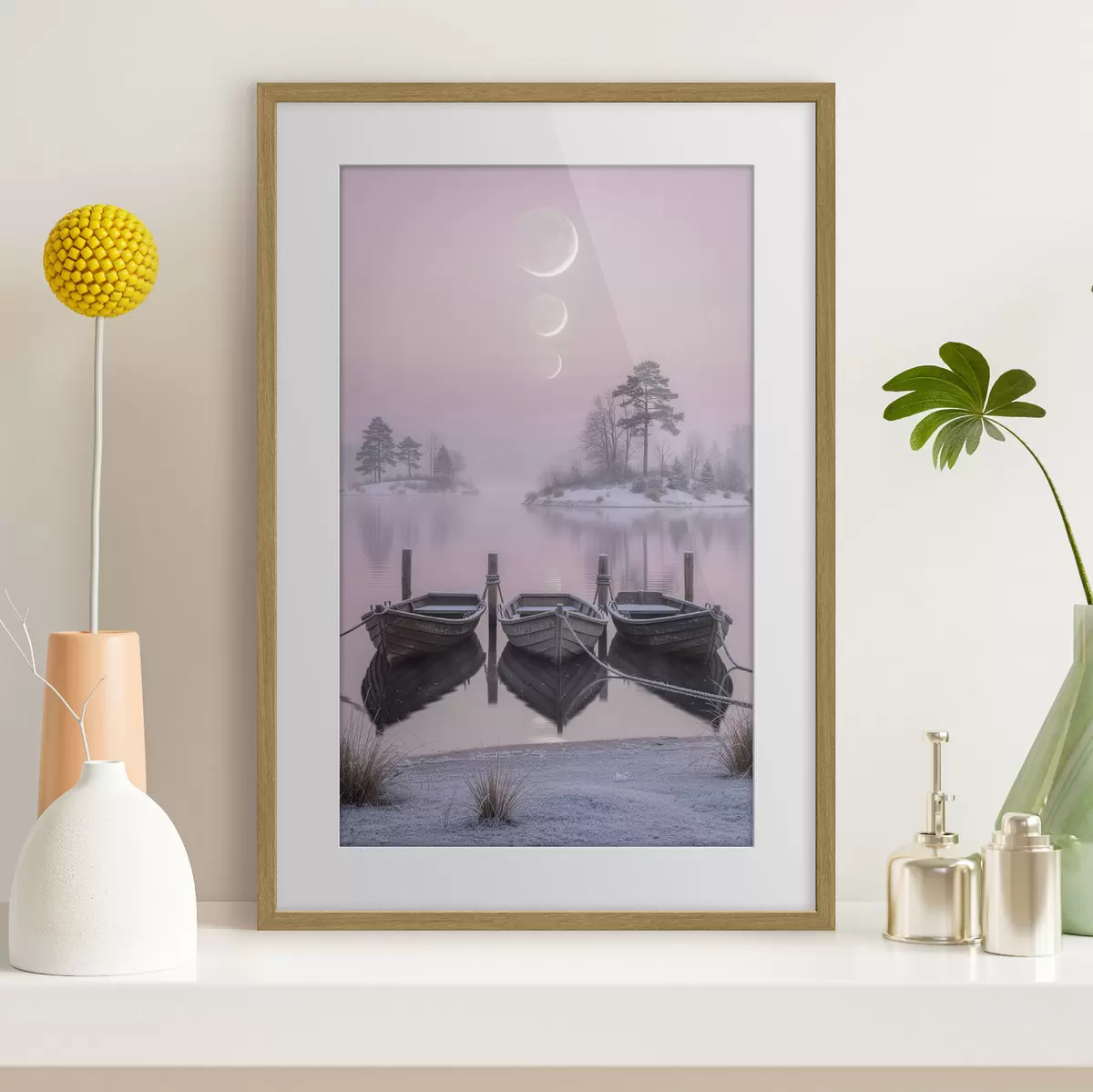 Plakat Pastellmaalistiilis maastik järve, paatide ja kuufaasidega f49724