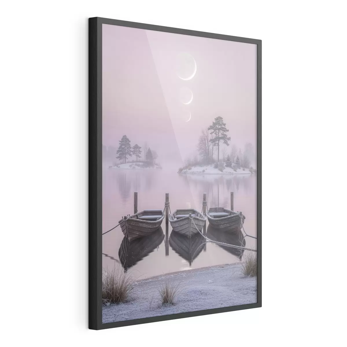 Plakat Pastellmaalistiilis maastik järve, paatide ja kuufaasidega f49724